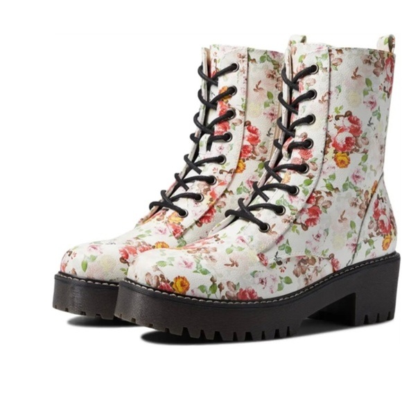 Unionbay White floral print rugged lug sole lace up combat moto boots size 10 - Picture 2 of 11